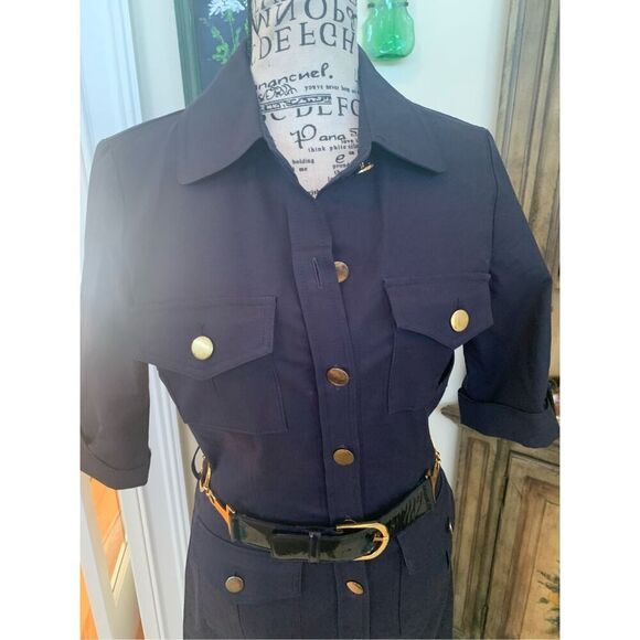 Original MILLY NY Navy Blue Retro Shirt Dress w/ Gold Chain & Leather Belt~ - Picture 10 of 12